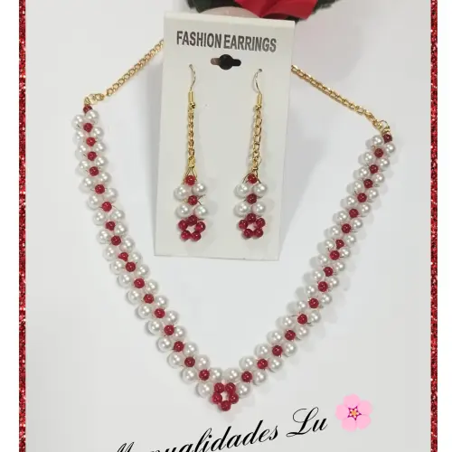 Juego de collar y aretes de  perlas blancas y rojas en forma de V.  #77A's photo #1
