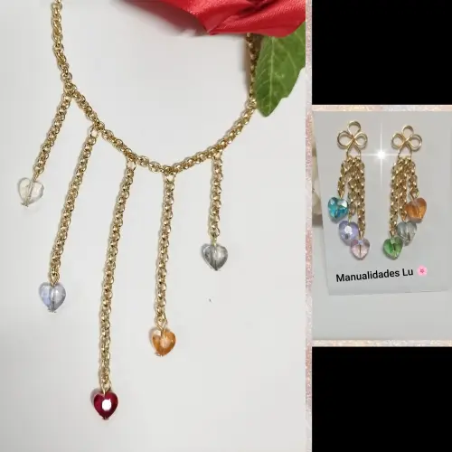 Juego de cadena y aretes con cristales corazón. #74A — imagen 1