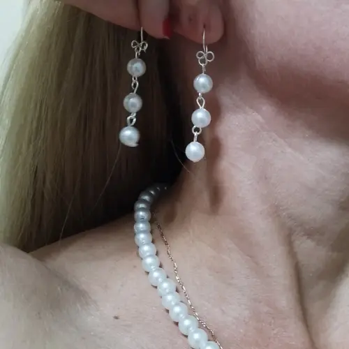 Juego de collar perlas y aretes de hojas de trébol. #79A — imagen 2