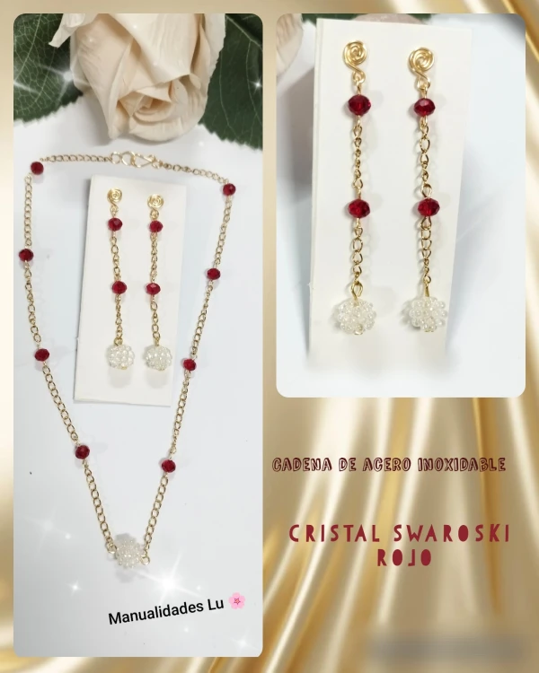 Juego de cadena y aretes rojos y dorados's foto | Manualidades Lu 🌸 |  BizneCubano