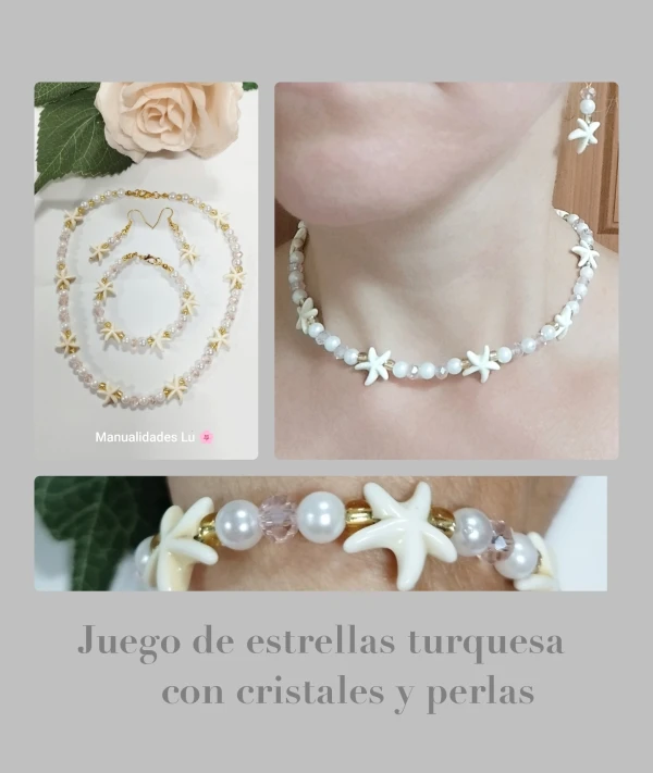 Juego de collar, aretes y pulsera de estrellas turquesa, cristales y perlas (p63N)'s foto | Manualidades Lu 🌸 |  BizneCubano