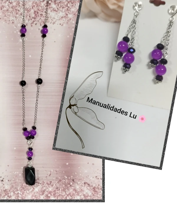 Juego de cadena y aretes con cristales morados y ónix negro's foto | Manualidades Lu 🌸 |  BizneCubano