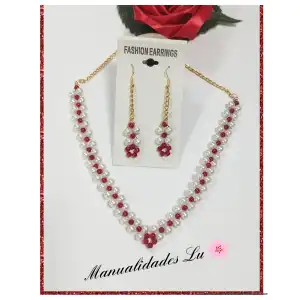 Juego de collar y aretes de  perlas blancas y rojas en forma de V.  #77A miniatura 1