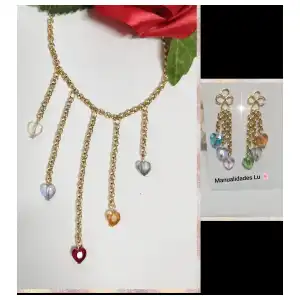 Juego de cadena y aretes con cristales corazón. #74A miniatura 1