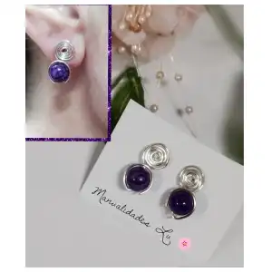 Par de aretes espiral y piedra Ágata morada. (#101A) miniatura 1